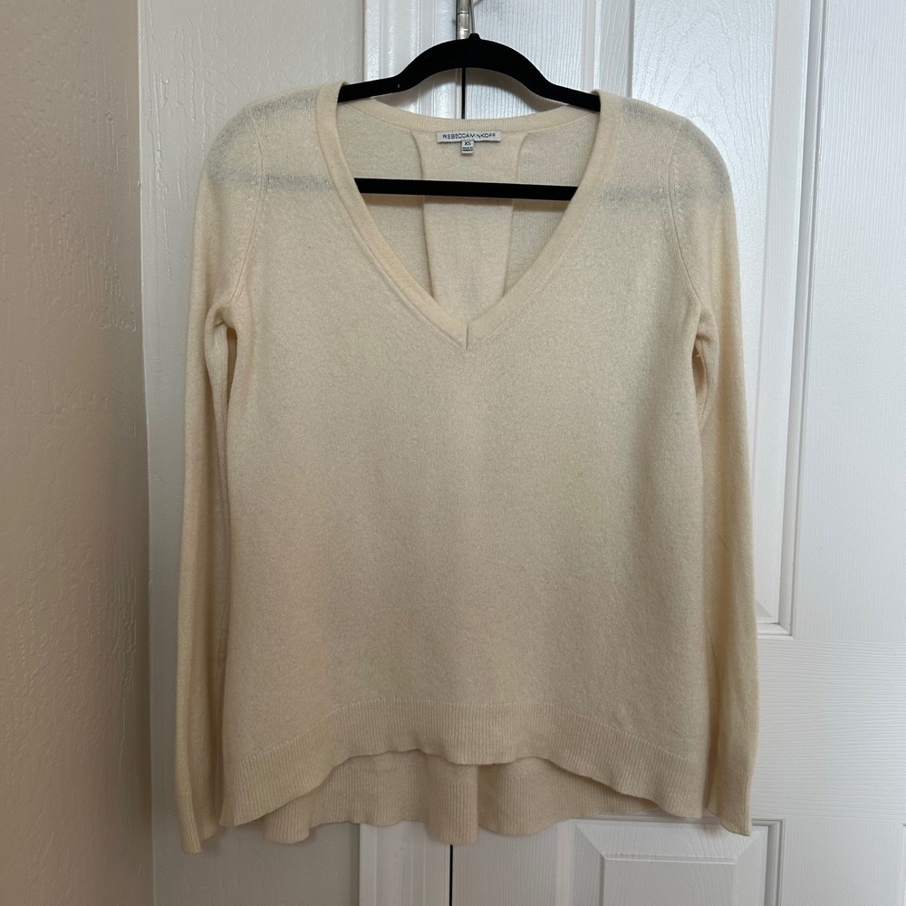 Rebecca Minkoff Cream V-Neck Long Sleeve‎ 100% Cashmere Sweater XS